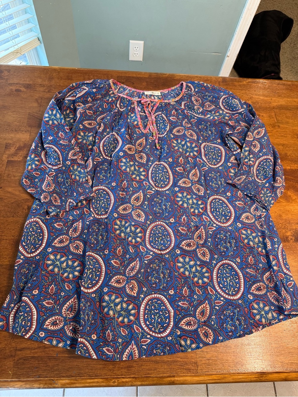 Natural Life Boho Paisley Tunic Mini Dress Blue Pink Trim Tassel Neck Split V M